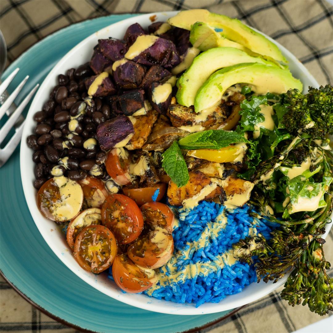 Tempeh Fajita Burrito Bowl With Blue Rice, Sautéed Purple Yams