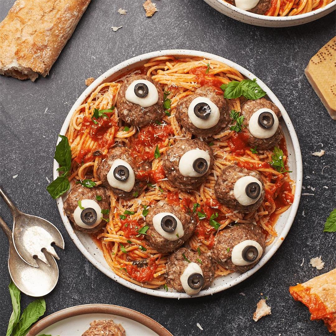 Halloween Pasta (Spooky Spaghetti with Meatball Eyeballs)