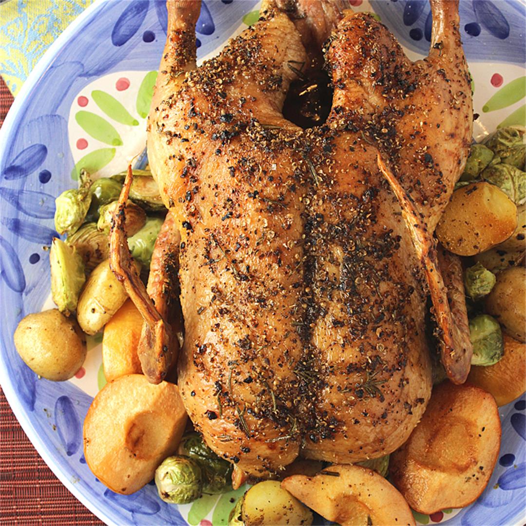 Roast duck with quince, Brussels sprouts and potatoes