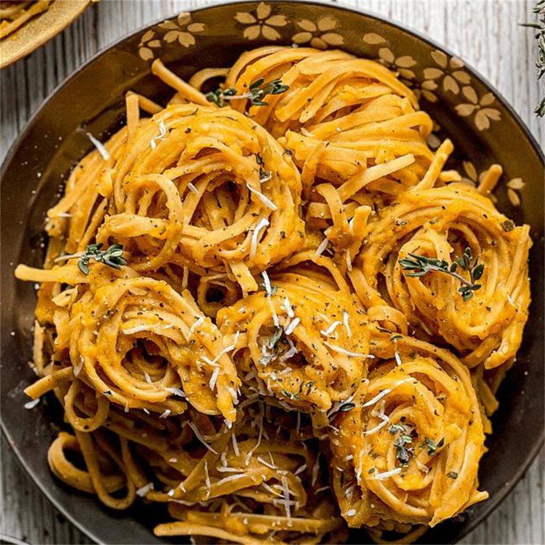 Pasta with Roasted Garlic Butternut Squash Sauce.