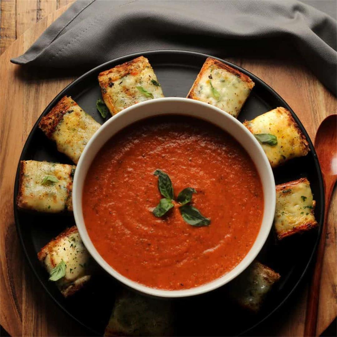 Roasted Tomato Basil and Red Pepper Soup with Cheesy Garlic Bre