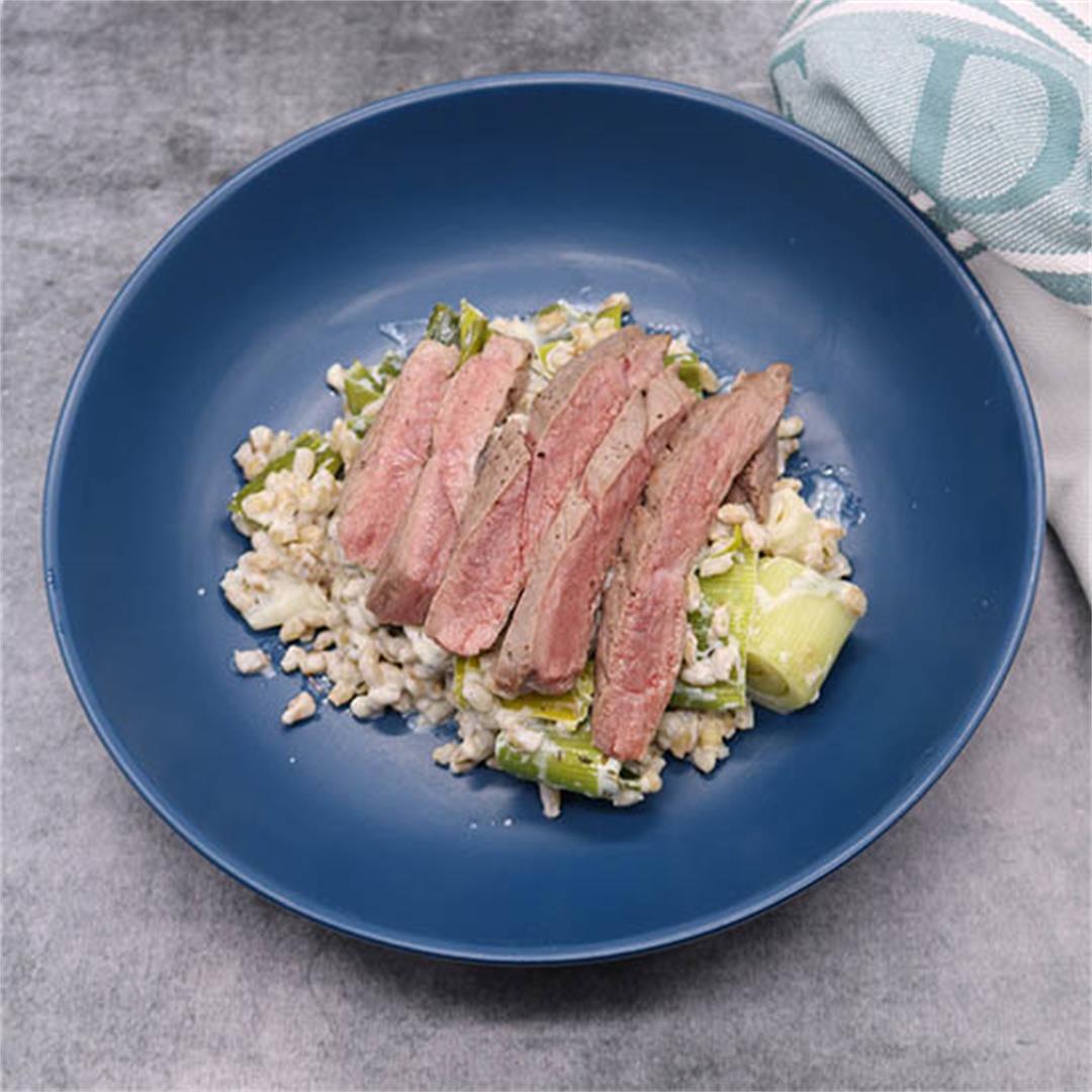 Lamb Steaks with Leek and Barley Risotto
