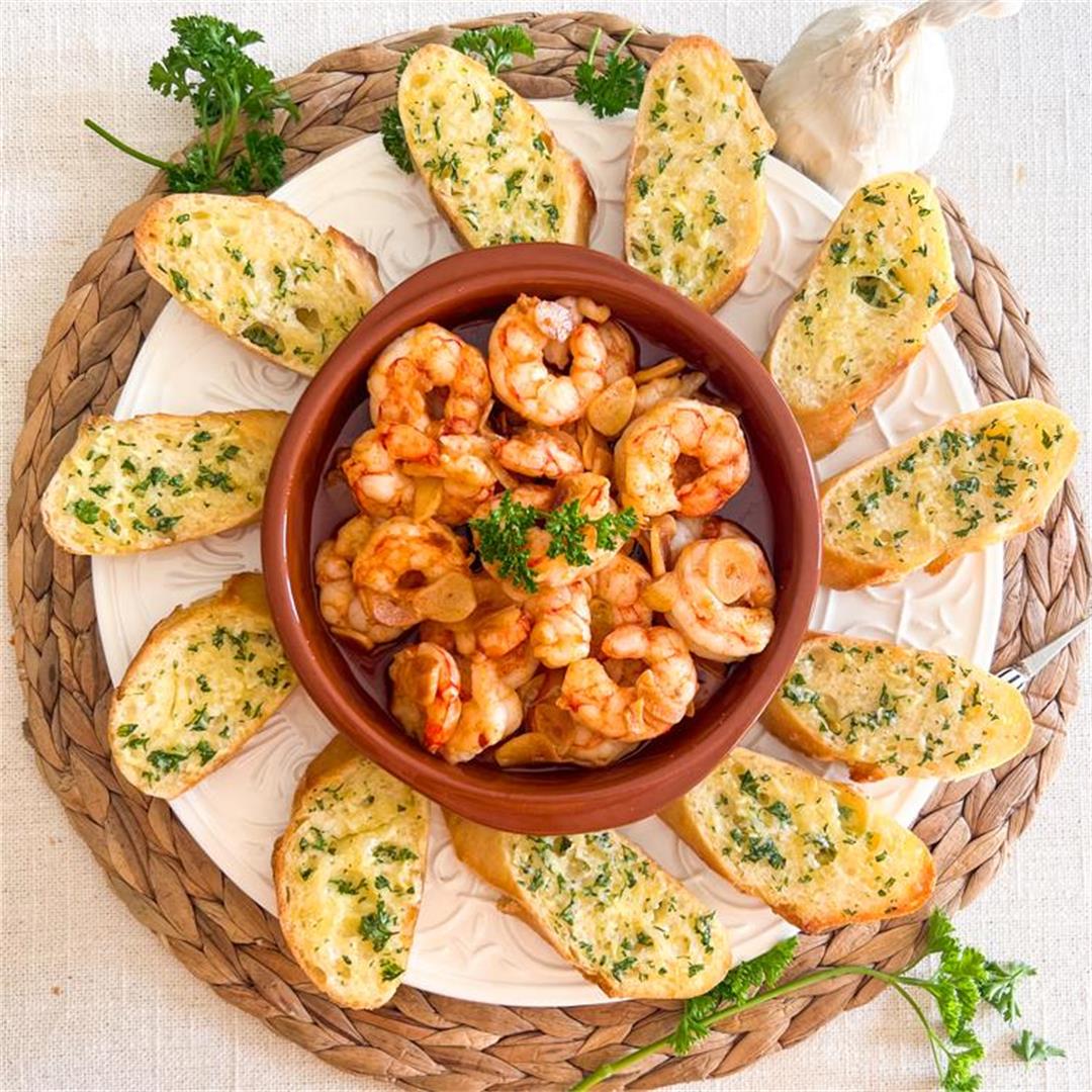 Spanish Garlic Shrimp + Garlic Toast = The PERFECT Tapas Night