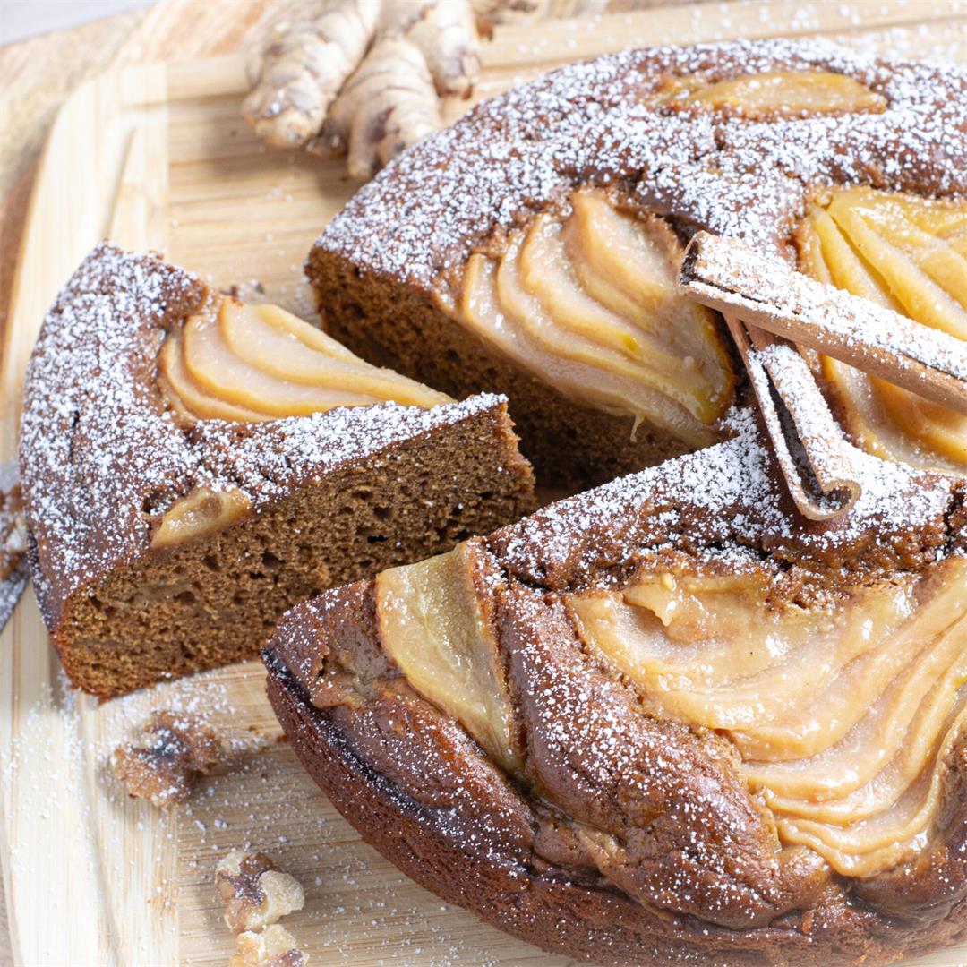 Bourbon Poached Pear Gingerbread Cake