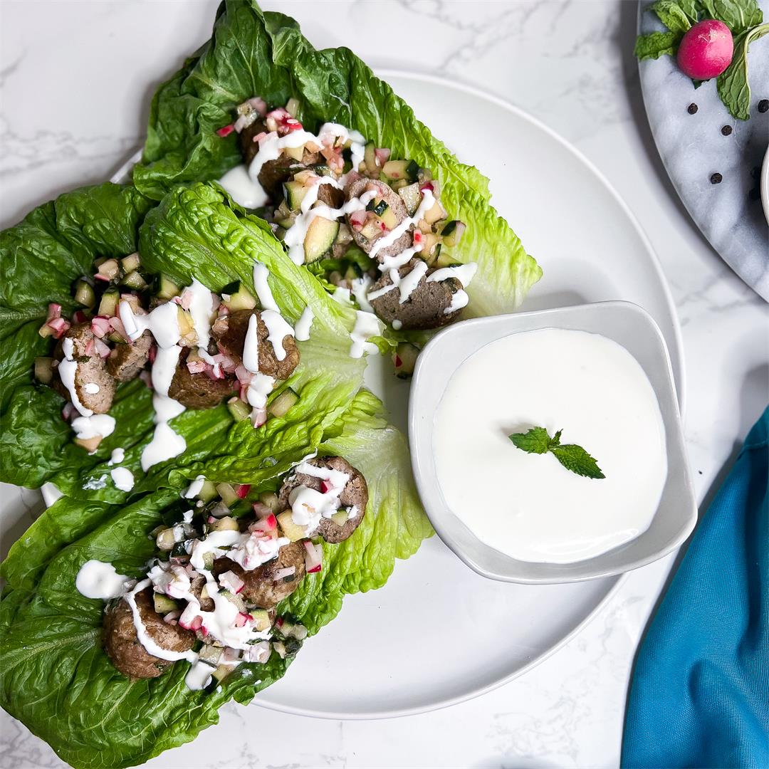 Lamb Kofta Lettuce Wraps with Creamy Feta-Yogurt Dressing.