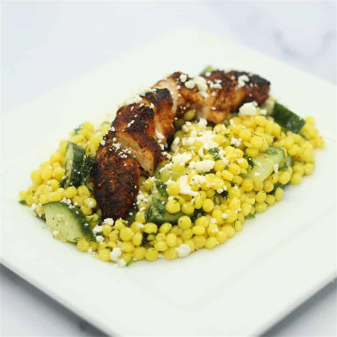 Blackened Chicken with Herby Lemon Cucumber Couscous Salad.