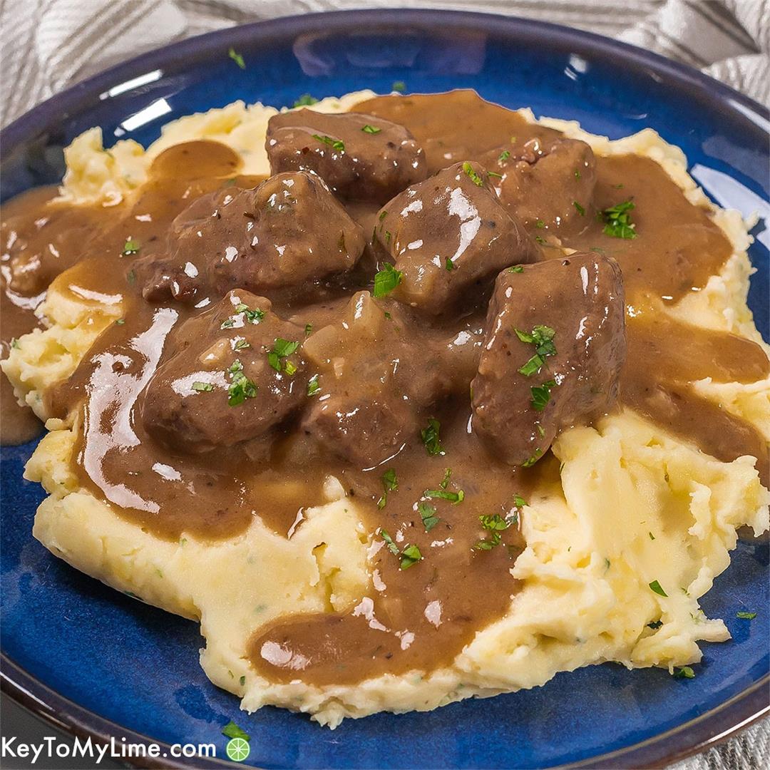 BEST Beef Tips and Gravy {Tender Beef Smothered in Brown Gravy