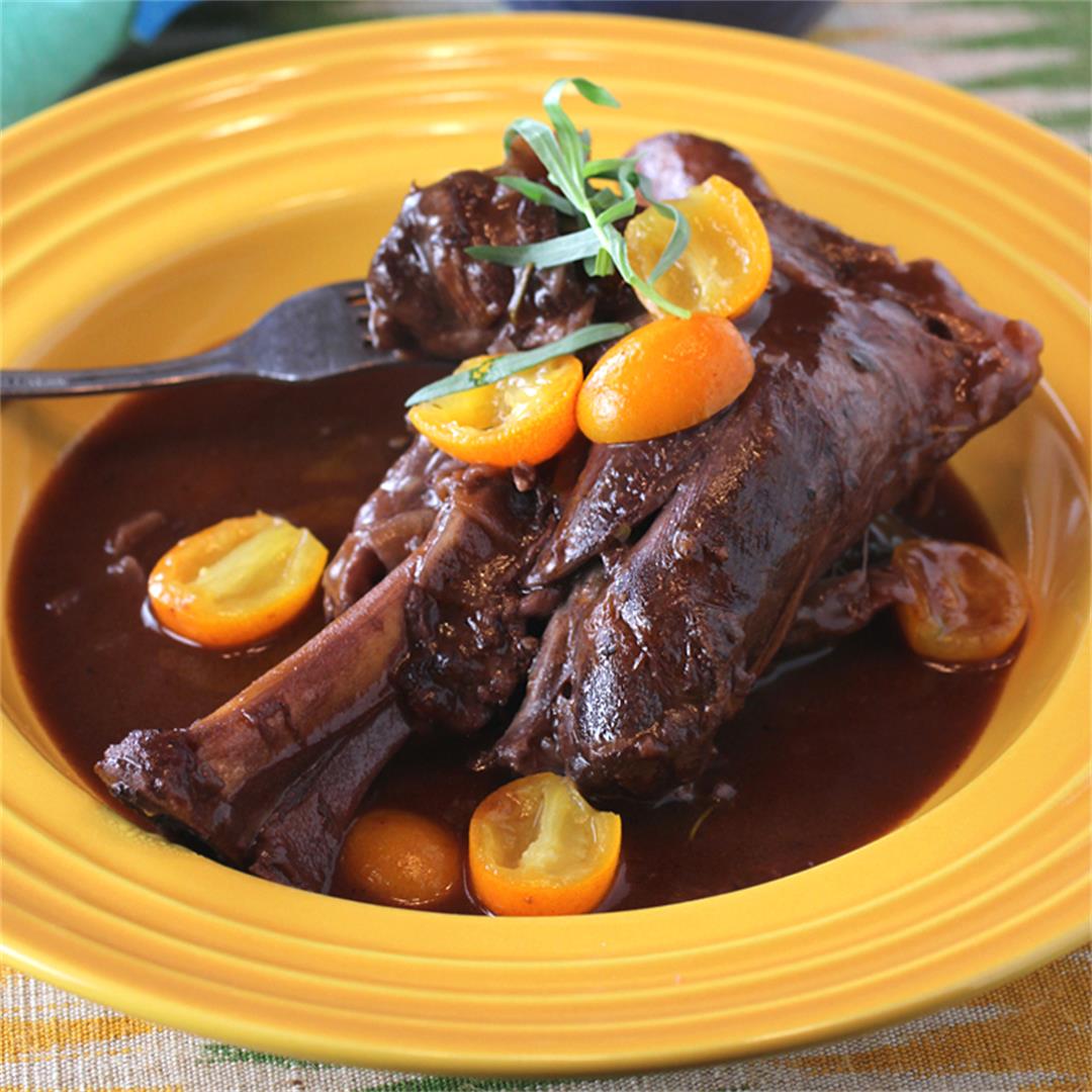 Braised lamb shanks with sweet-and-sour, wine-simmered kumquats
