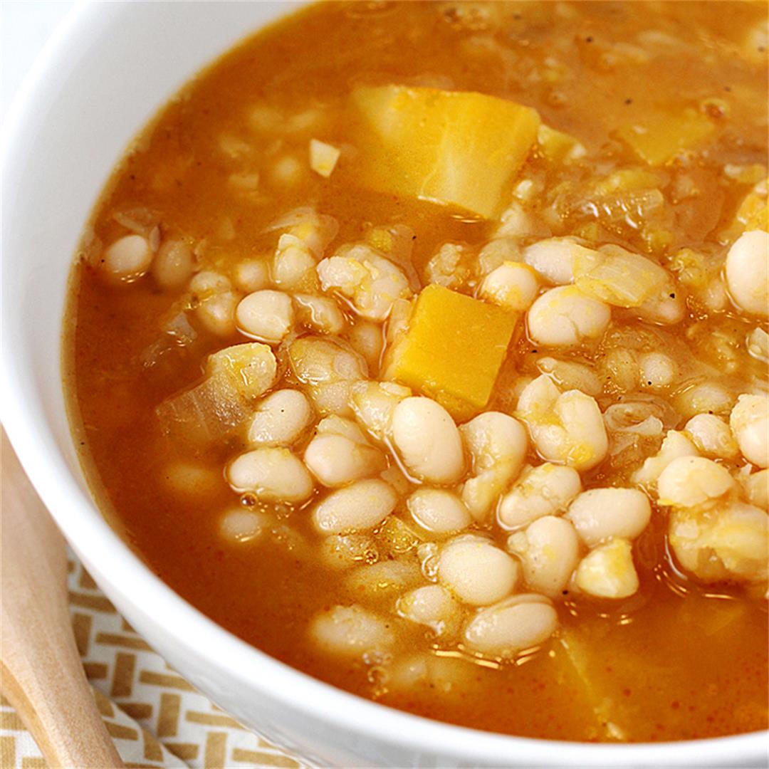 Winter squash and white bean soup with a touch of soy sauce