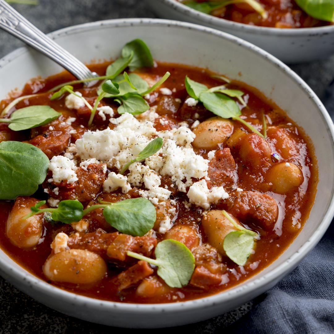 Butterbean and Chorizo Soup with Feta and Watercress