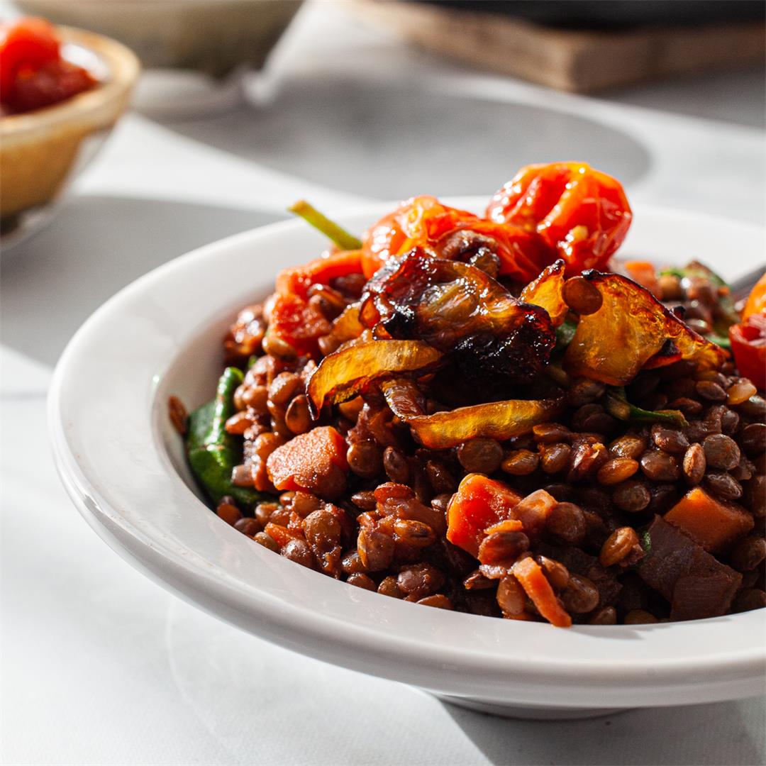 French Lentils Braised in Red Wine and Caramelized Onions  -