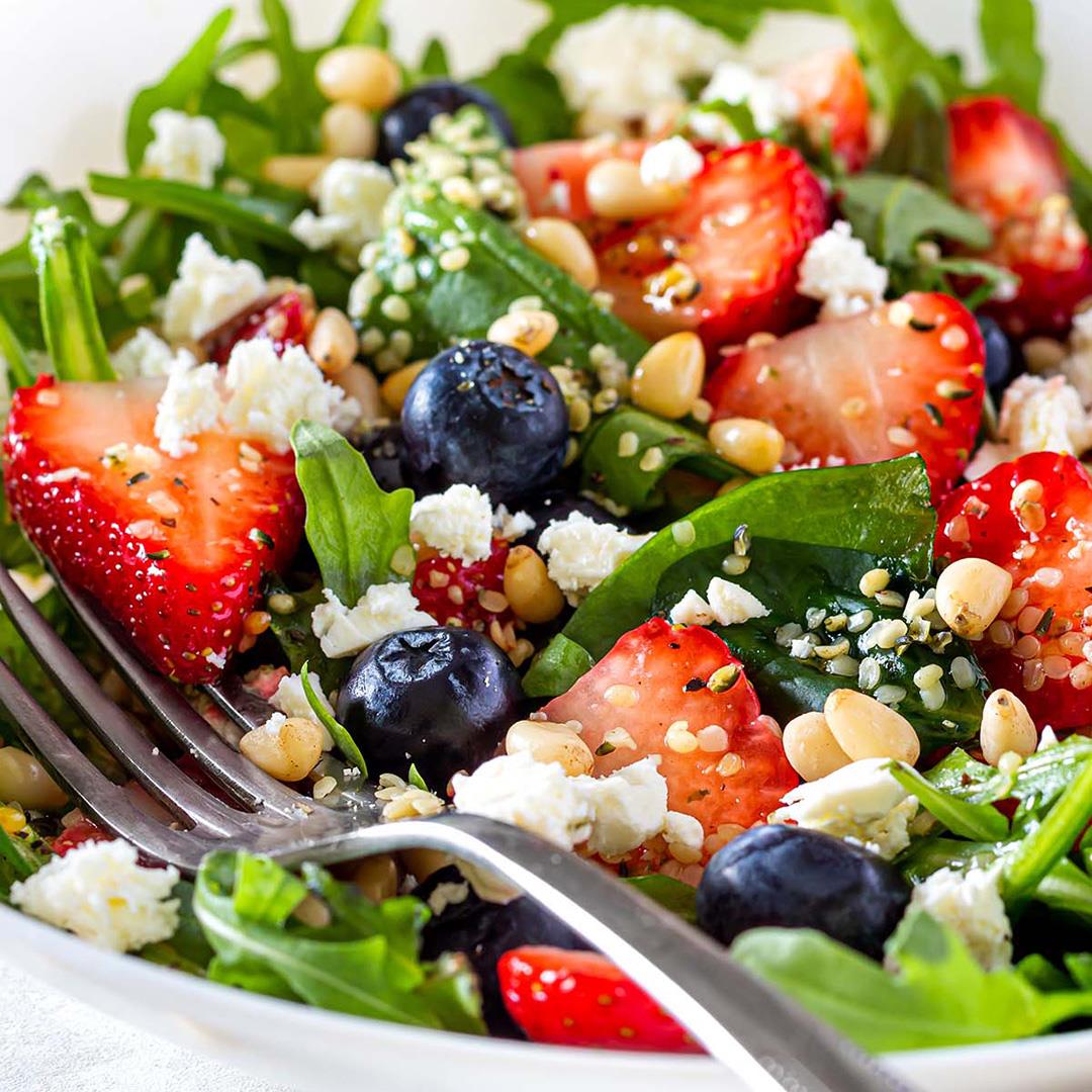 Mixed Green Salad with Strawberries, Blueberries, and Feta Chee