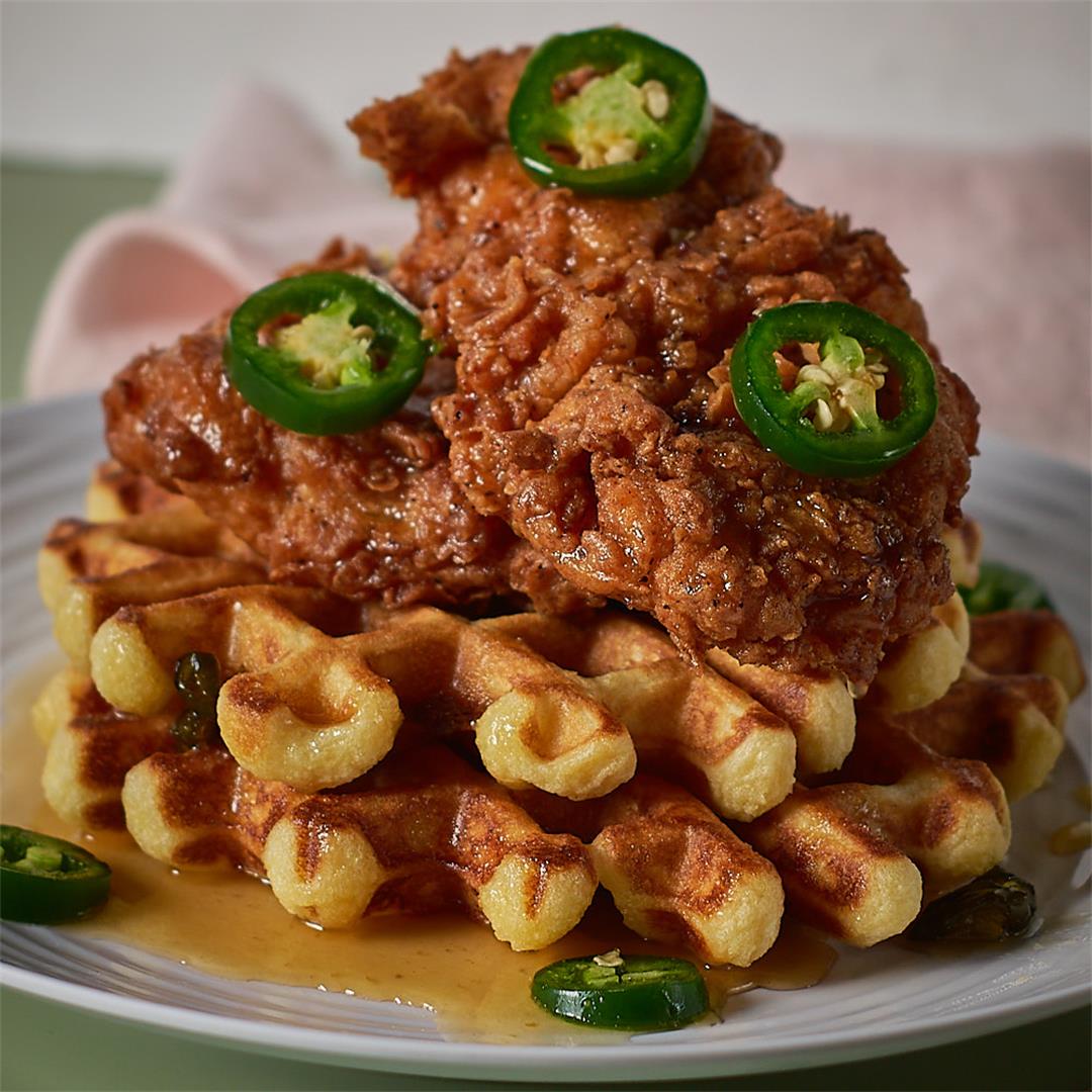 The Best Chicken & Waffles Recipe with Jalapeno Honey Butter