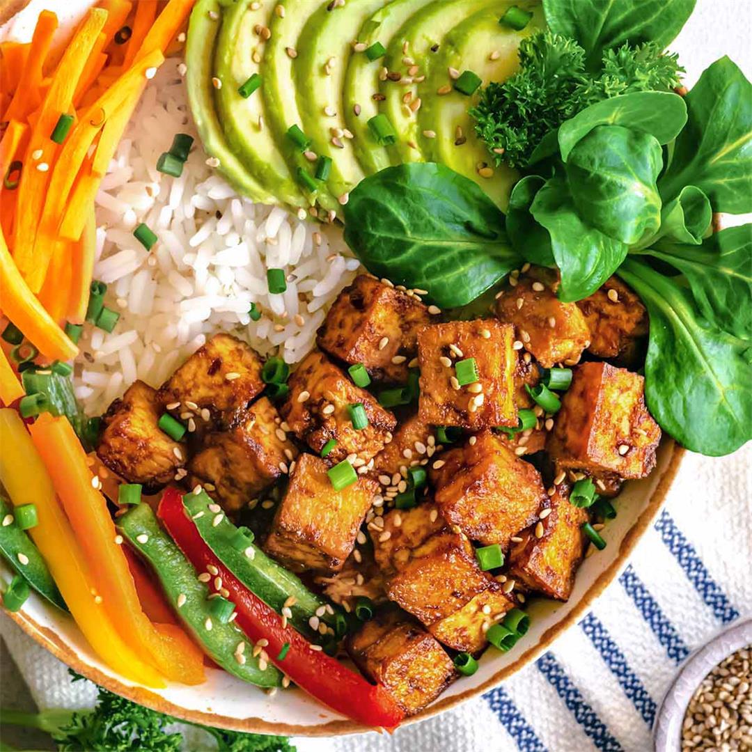 Crispy Tofu Buddha Bowl with Rice, Avocado and Veggies