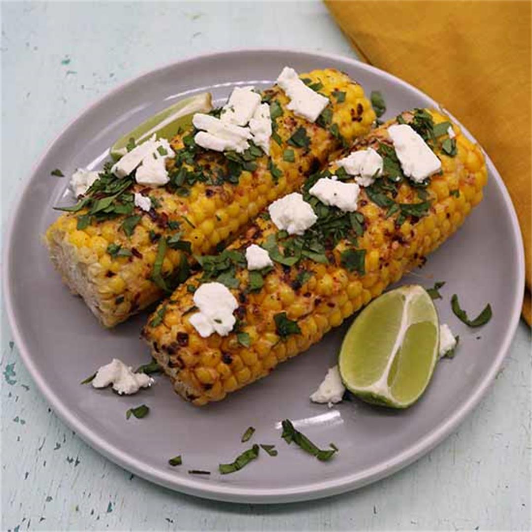 Grilled Corn with Chilli Mayonnaise, Coriander and Feta