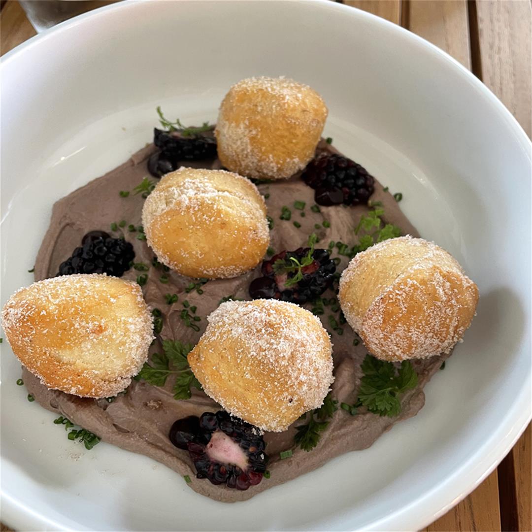 Chicken liver mousse with banana bread doughnuts