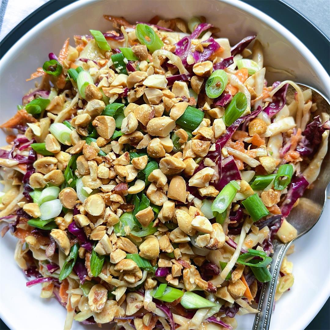 Green and Red Cabbage Slaw with Ginger Peanut Dressing