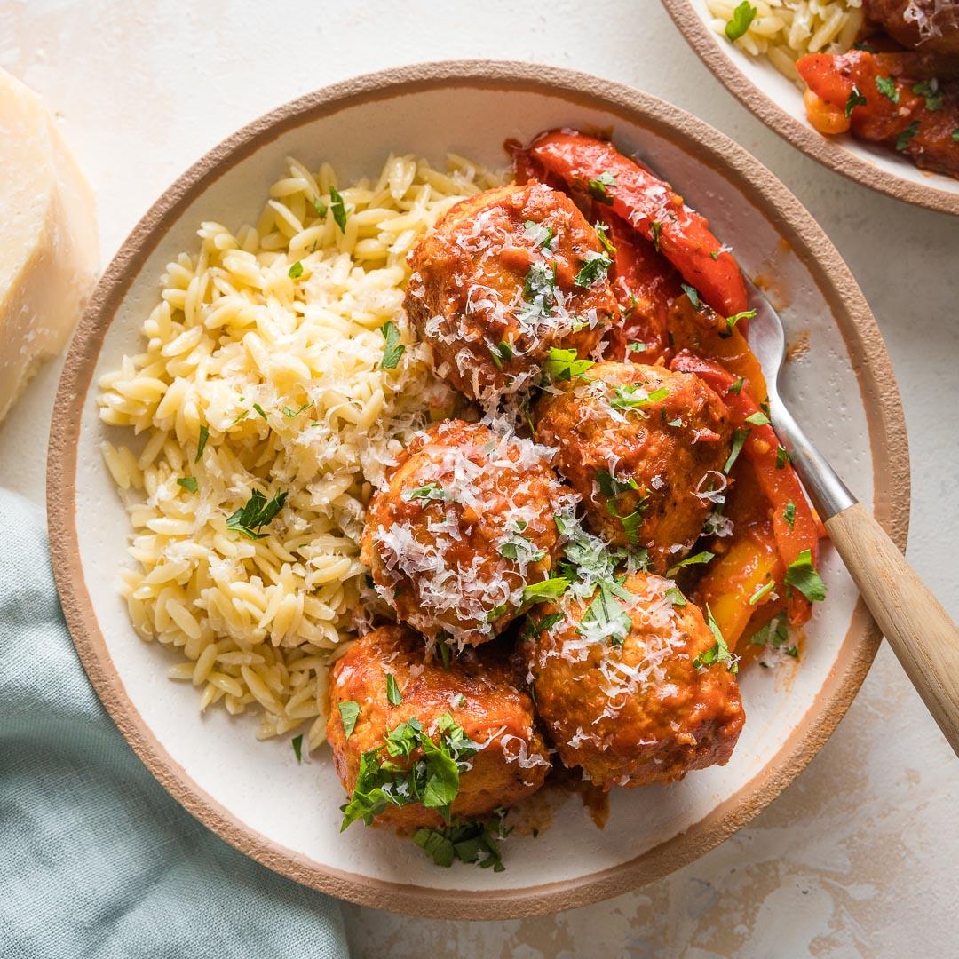 Chicken Meatballs with Orzo and Peppers