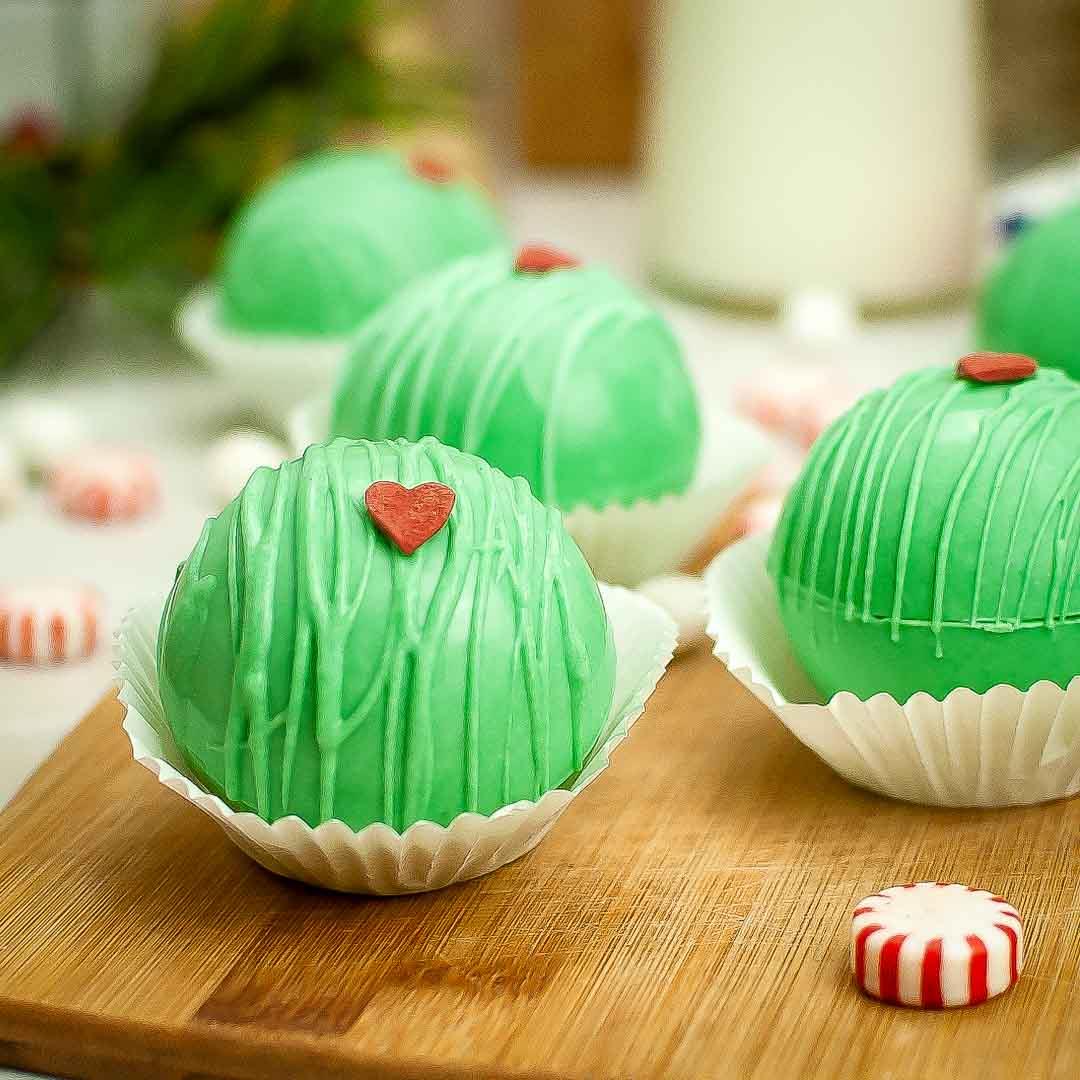 Grinch Hot Cocoa Bombs with Mini Marshmallows