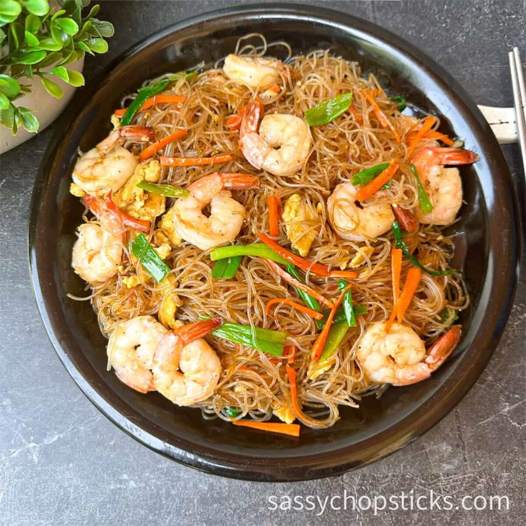 Easy Shrimp Mei Fun Recipe (Stir Fry Rice Noodles)