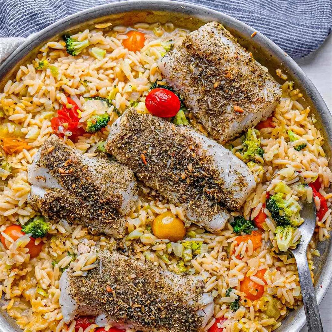 One Pot Herb Crusted Cod & Broccoli Parmesan Orzo