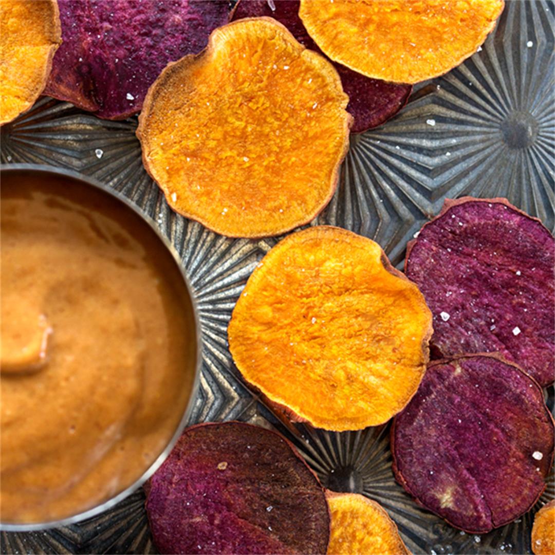 Baked Sweet Potato Chips with Creamy Caramel Date Dip
