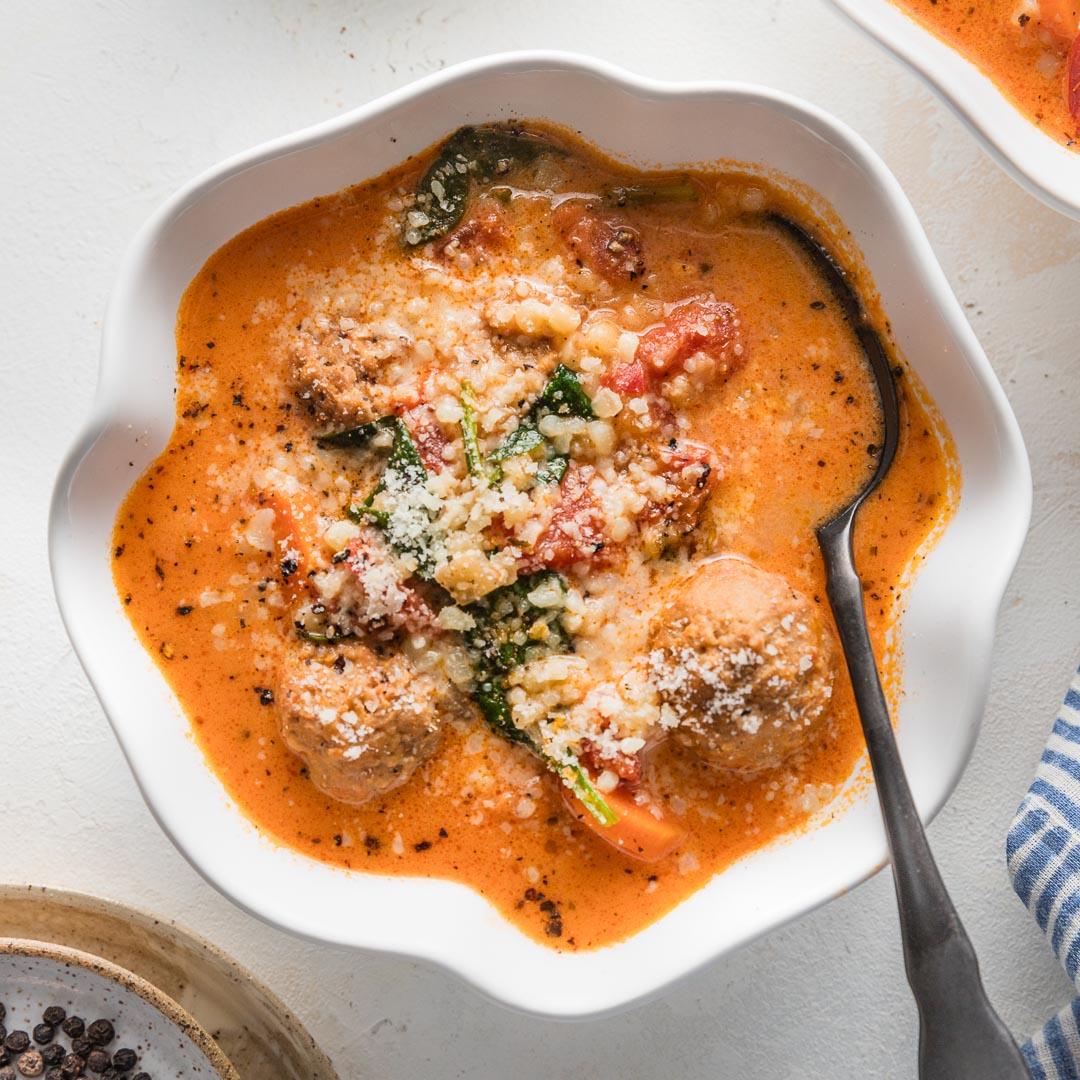 Creamy Tomato Meatball Soup with Pearl Couscous
