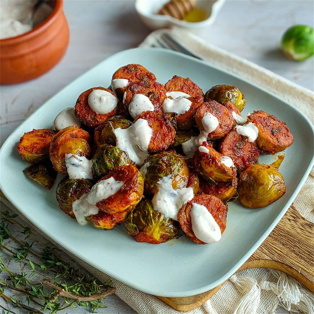 Roasted Marinated Brussels Sprouts with Yogurt Sauce