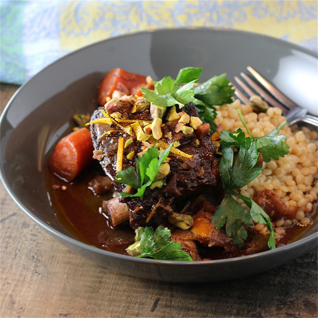 Braised short ribs with orange peel, dates and pistachios