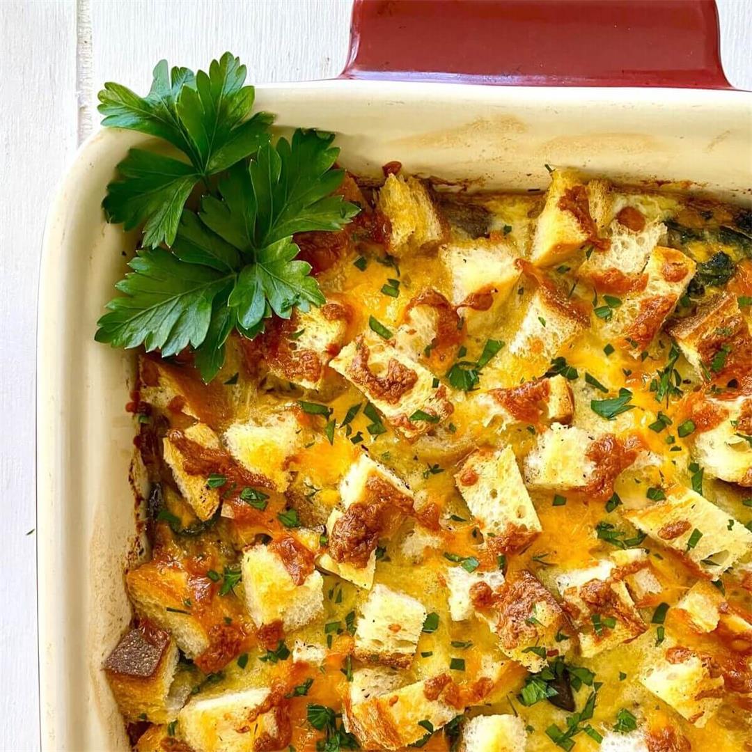 Breakfast Egg Casserole with Croutons, Sausage and Mushrooms
