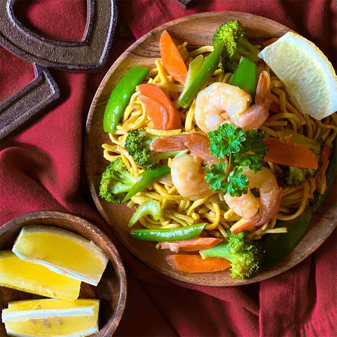 Filipino Pancit Canton Noodles with Shrimp and Vegetables