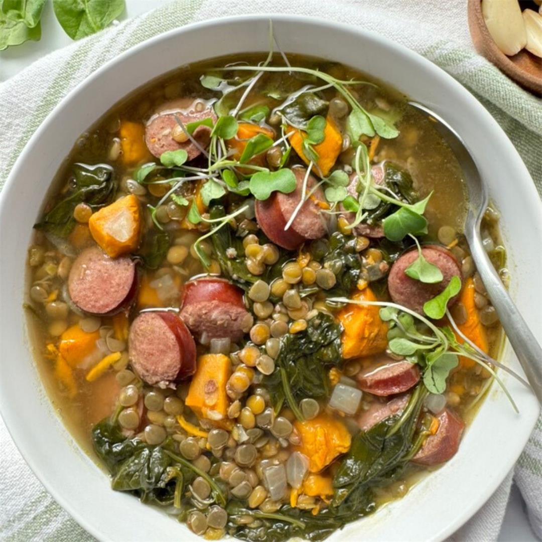 Hearty Lentil Soup With Sweet Potatoes Spinach And Sausage Reci