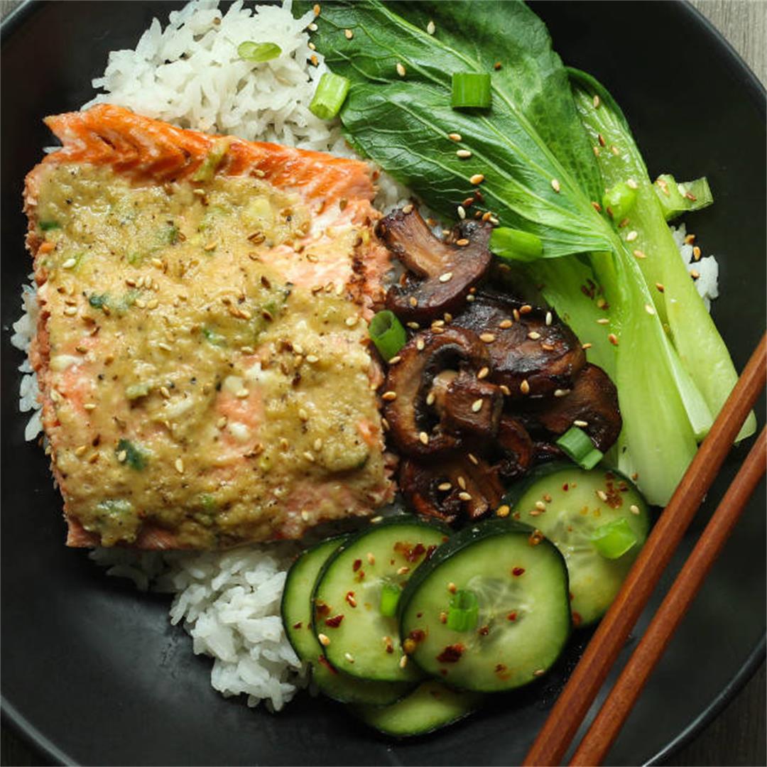 Miso Butter Salmon [with Rice & Vegetable Sides]