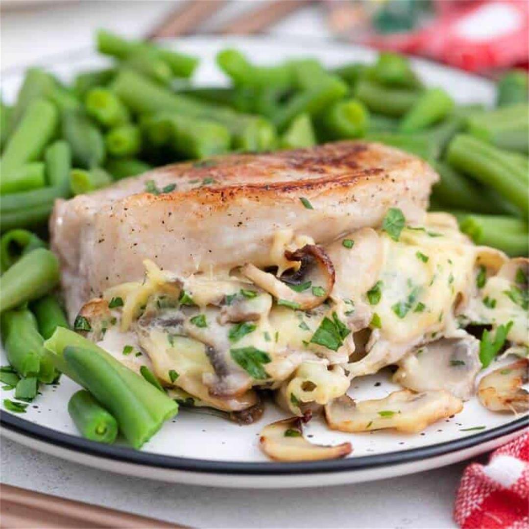 Baked Stuffed Pork Chops with Mushrooms and Cheese