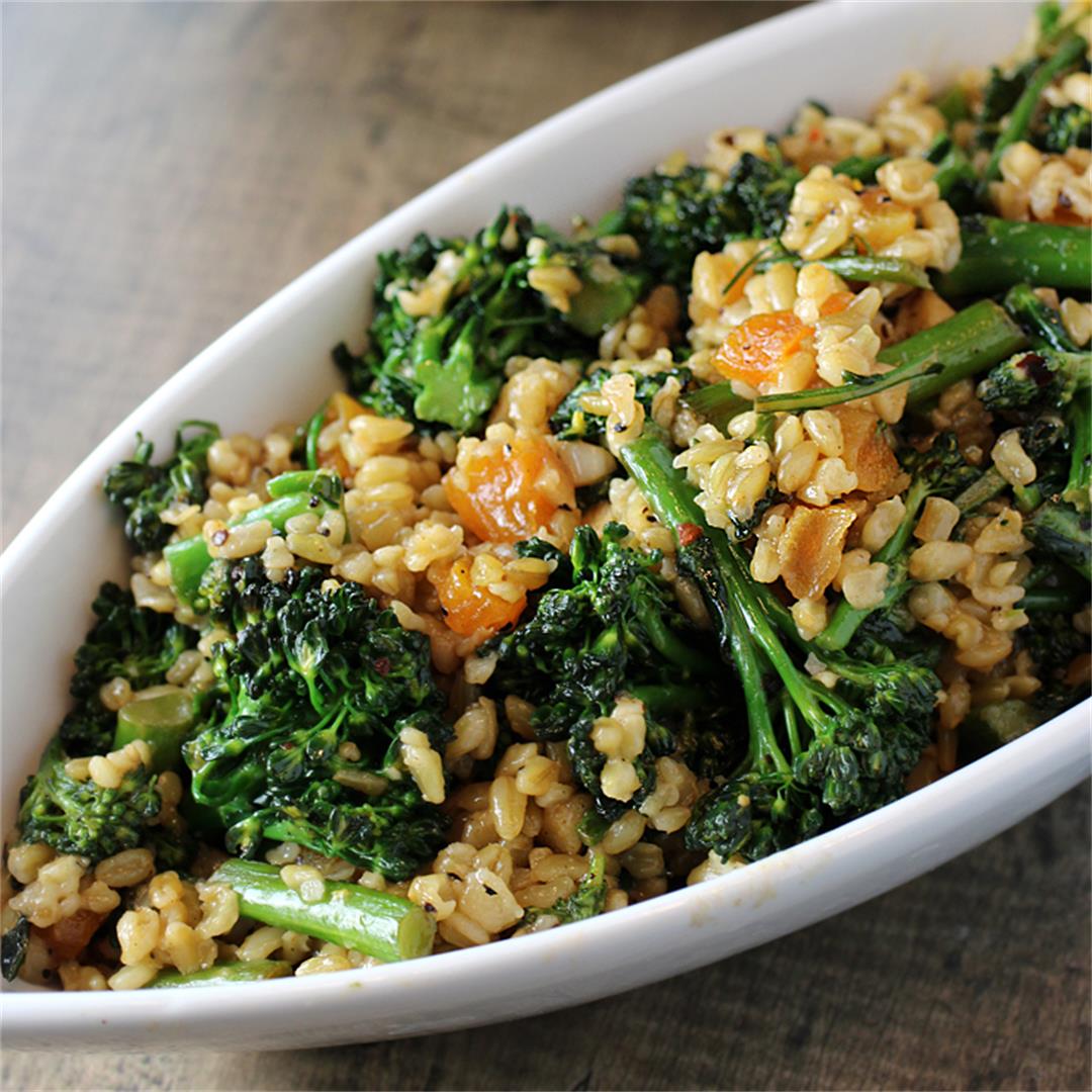 Freekeh with broccolini, apricots, and Turkish chile pepper