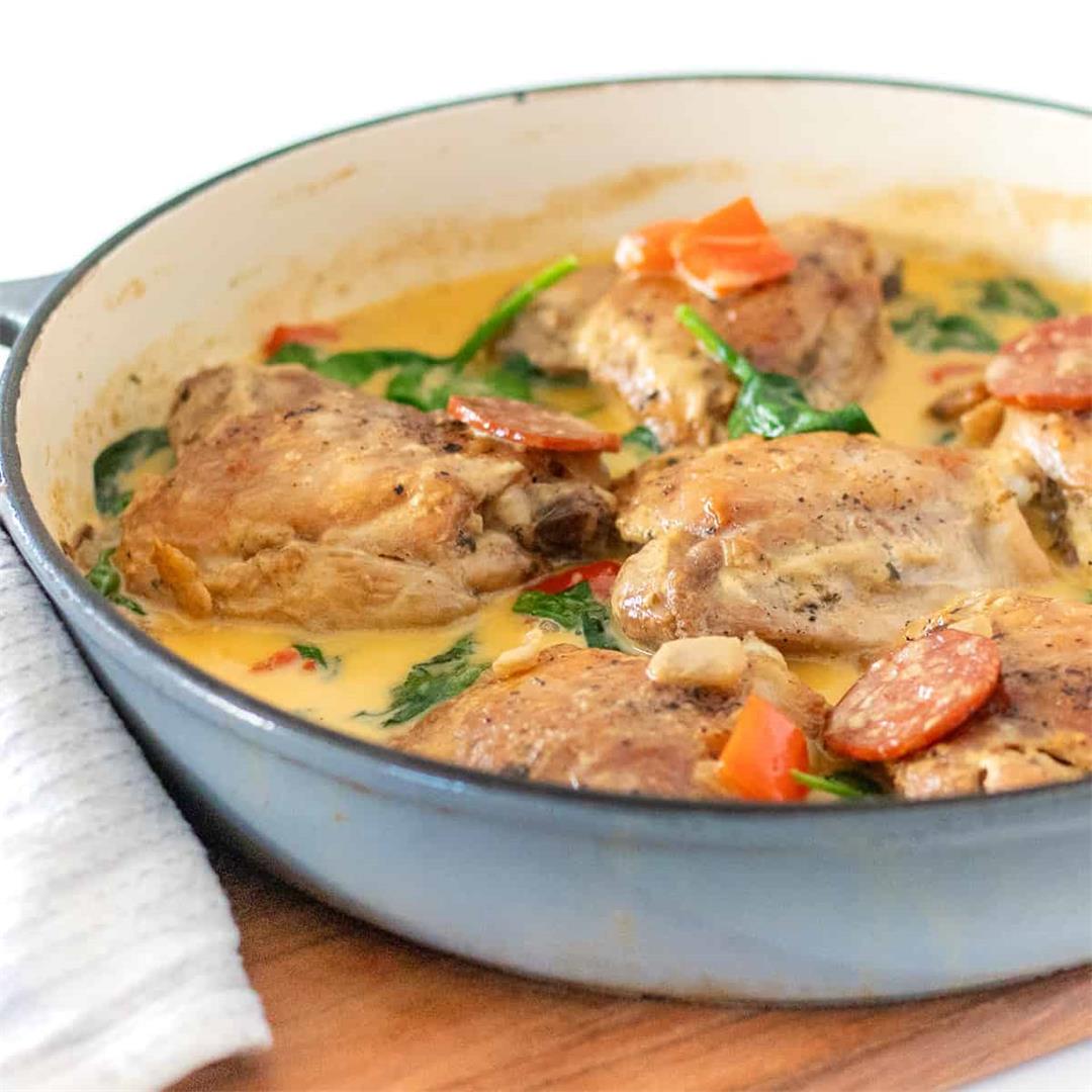 One pan creamy chicken thighs with chorizo