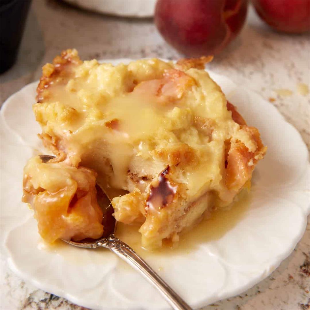 Peach Cobbler Bread Pudding with White Chocolate Sauce