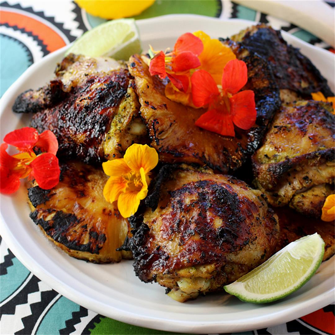 Lemongrass adobo grilled chicken with charred pineapple