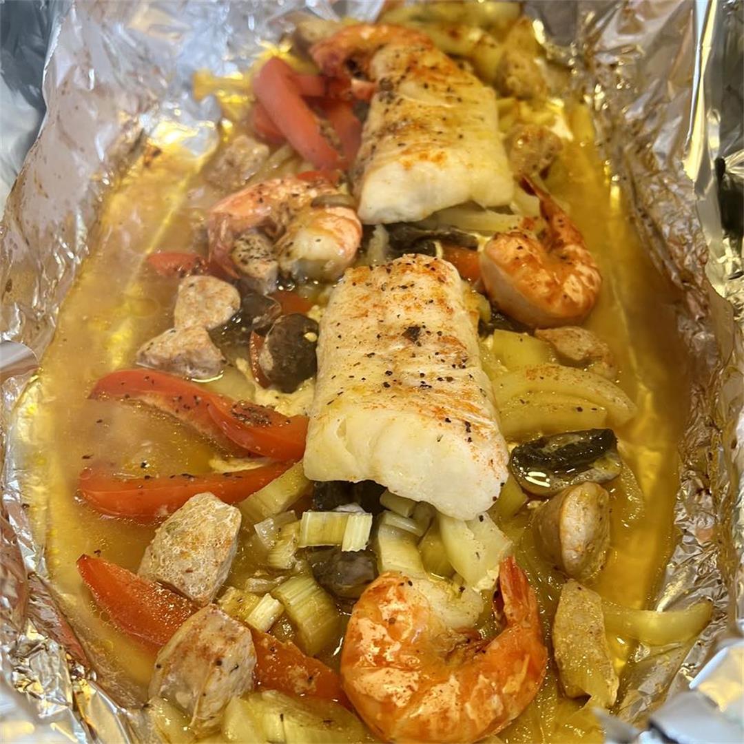 Fish and shrimp in foil packet