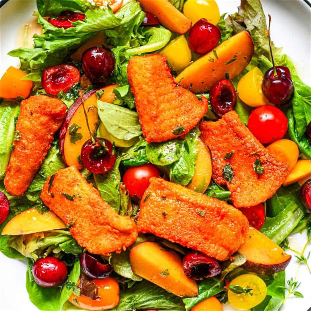 Fried Northern Pike and Peach Cherry Tomato Salad