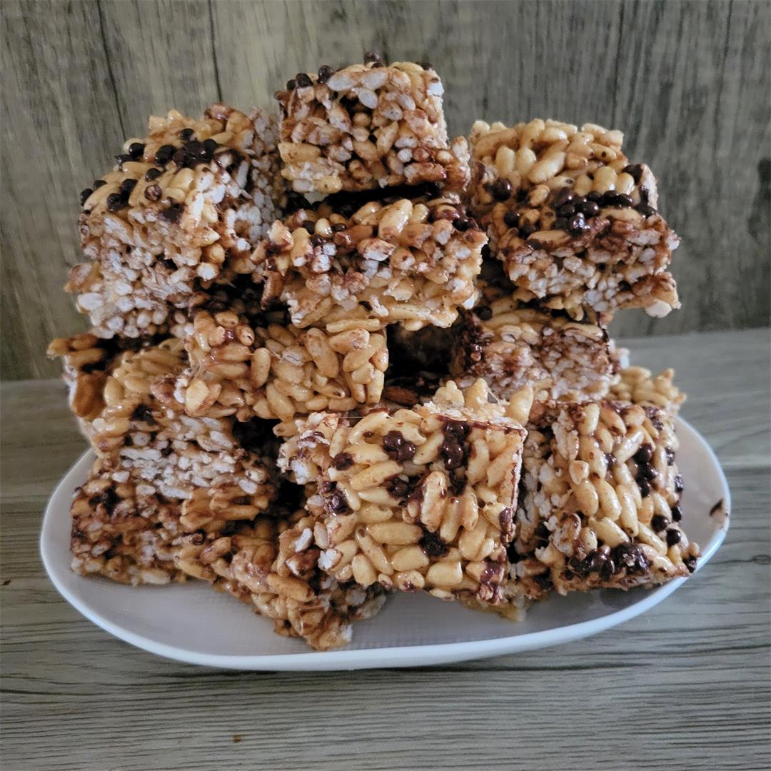 Puffed rice and marshmallow treats, cookie spread and chocolate