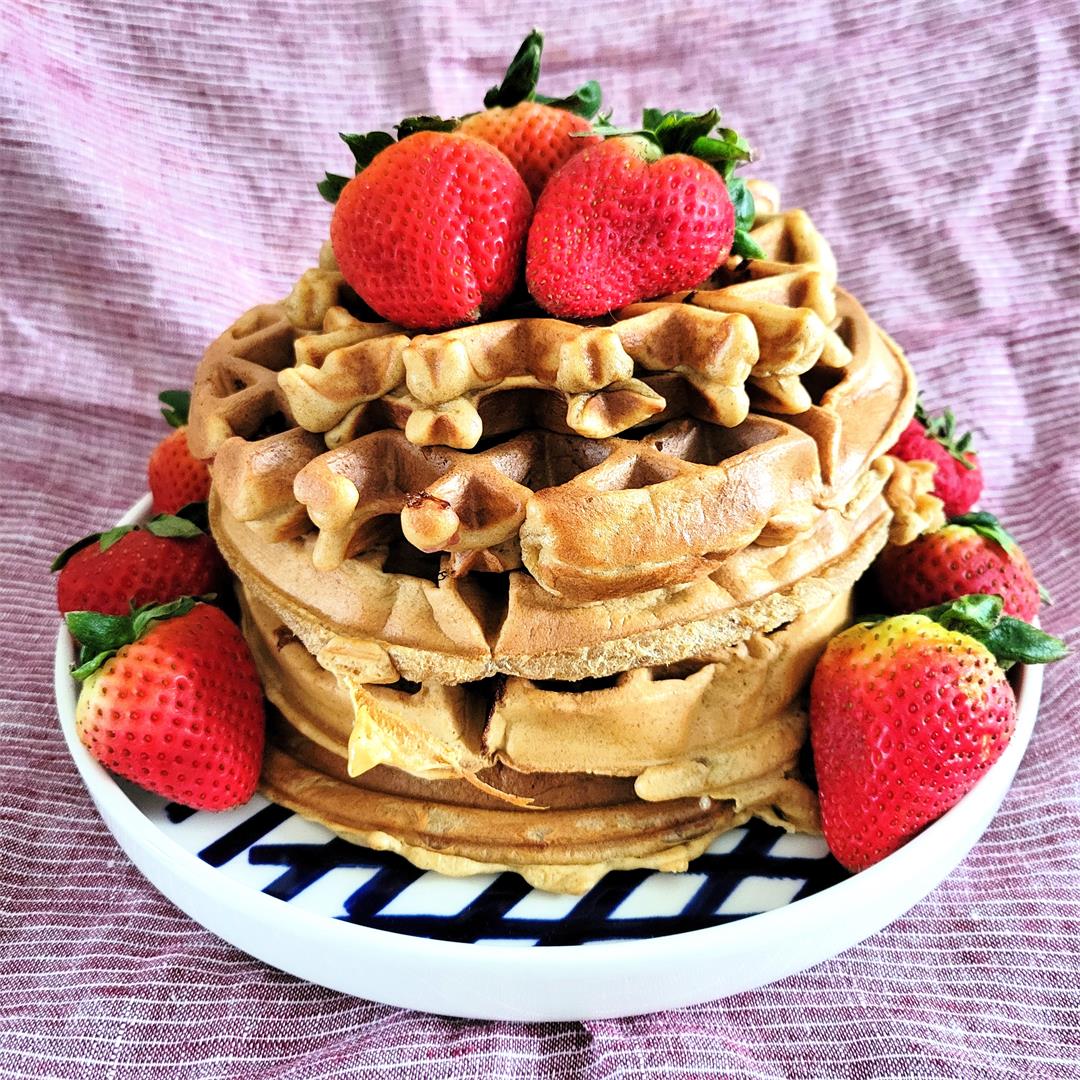 Banana and raspberry waffles