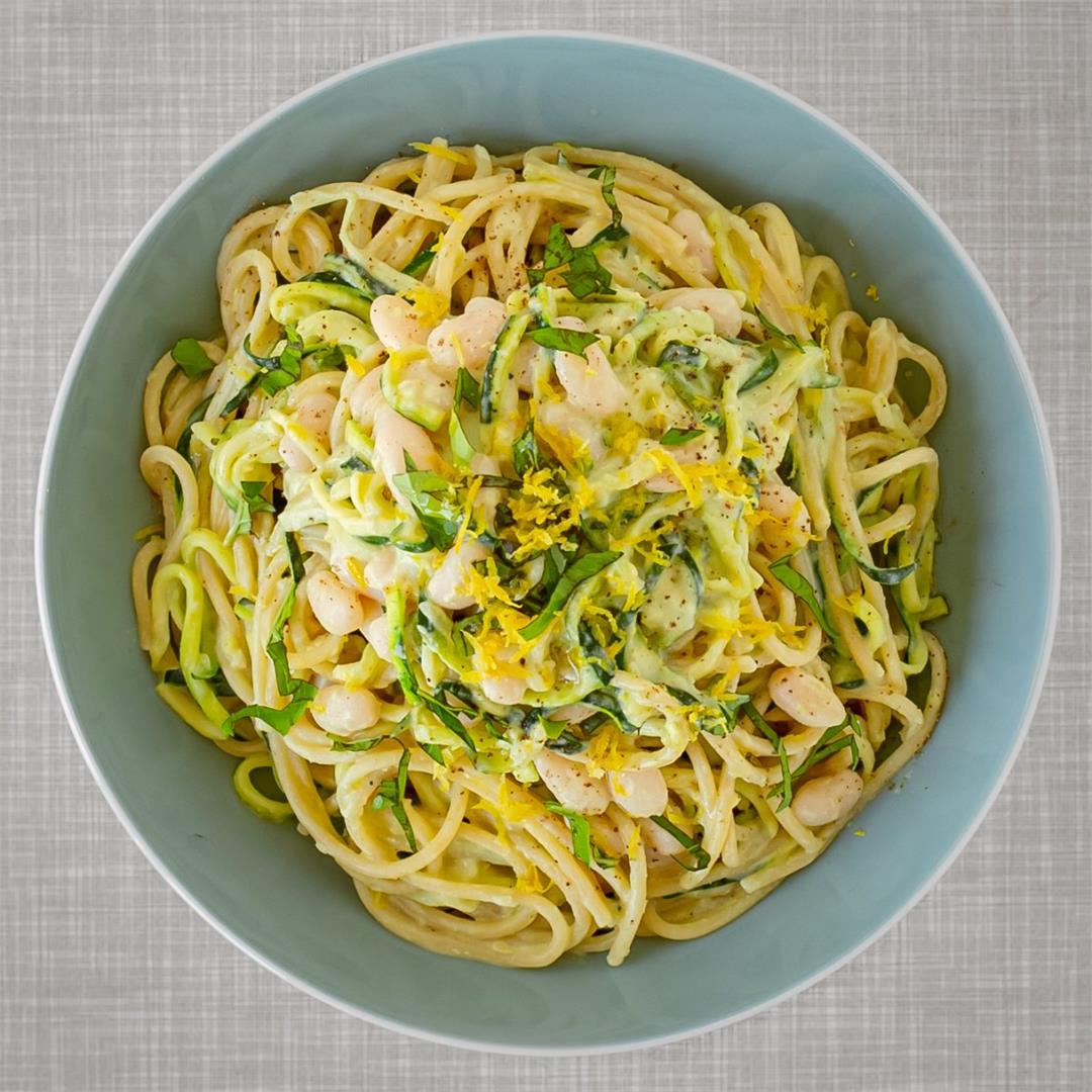 Creamy Vegan Lemon Zucchini Pasta with Beans, Basil, and Garlic