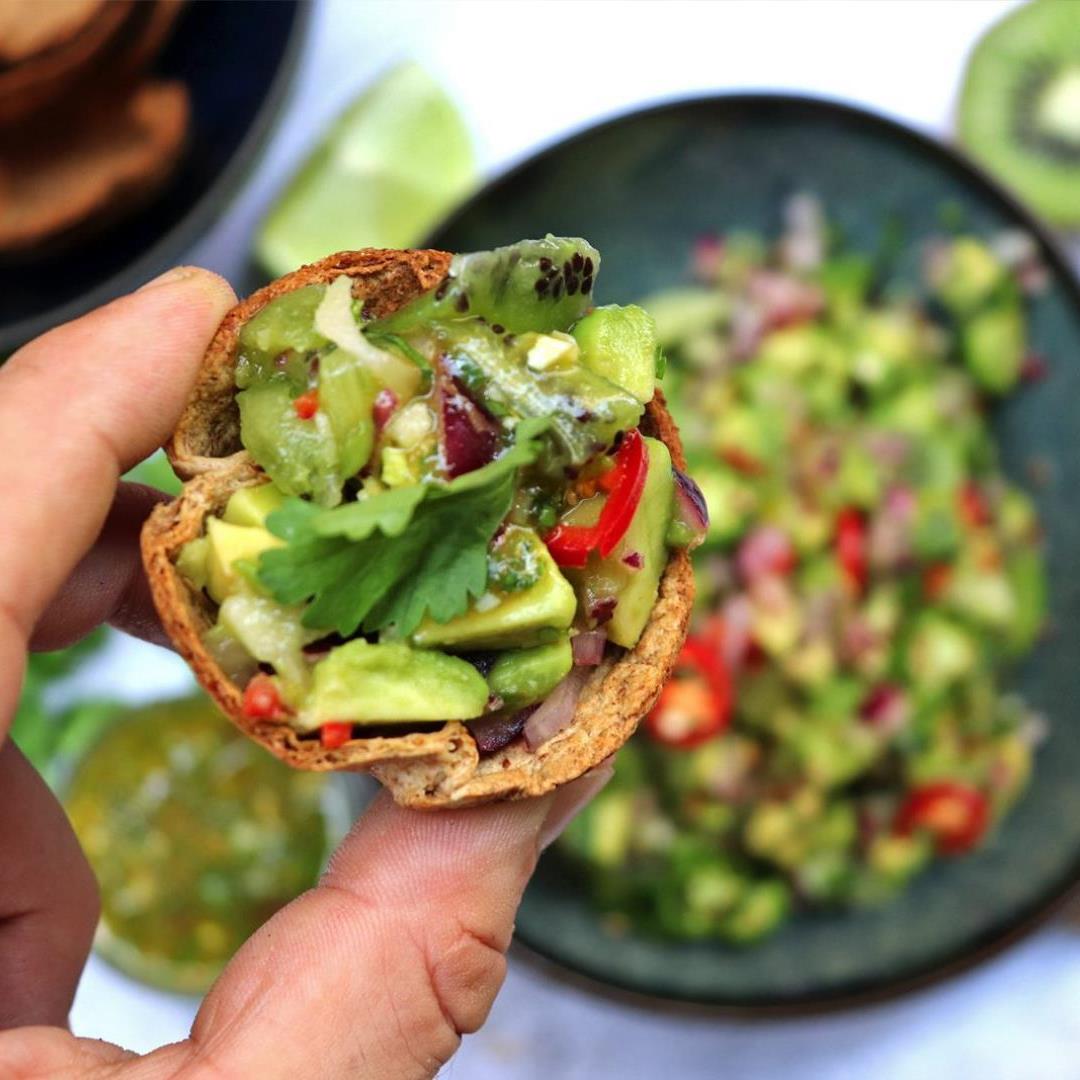 Kiwi & avocado pico de gallo in tortilla cups