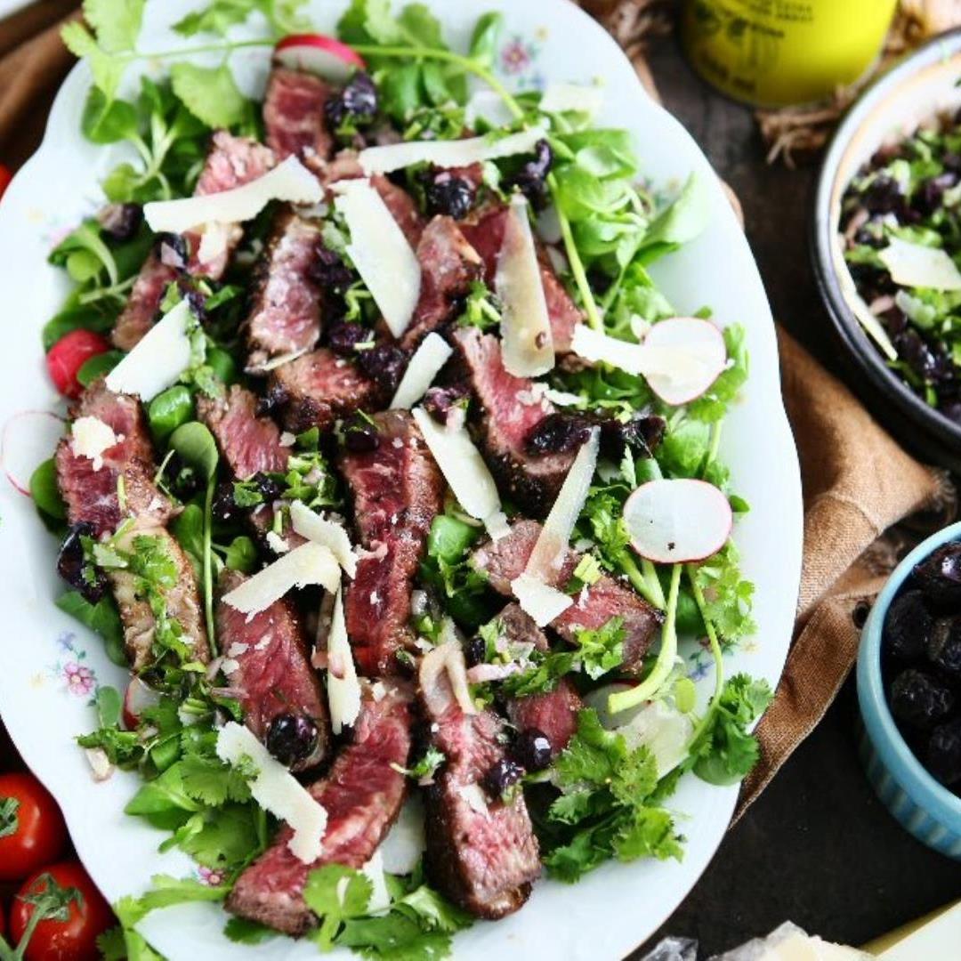 Steak Tagliata with Black Olive and Parmesan Dressing