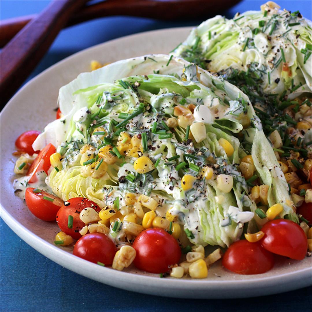 Summer wedge salad with charred corn and cherry tomatoes