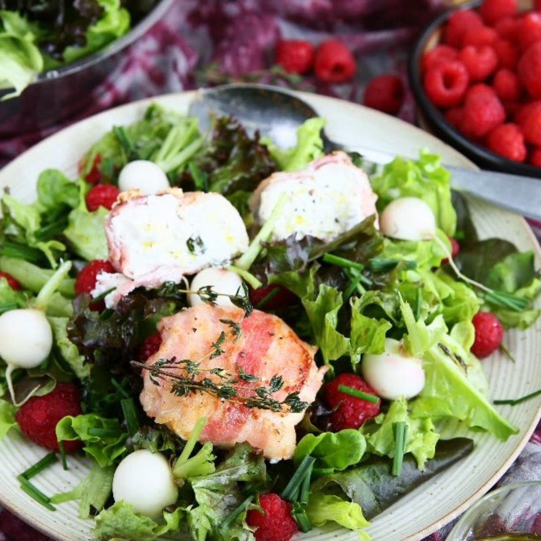 Lettuce Salad with Bacon-wrapped Goat Cheese and Raspberries