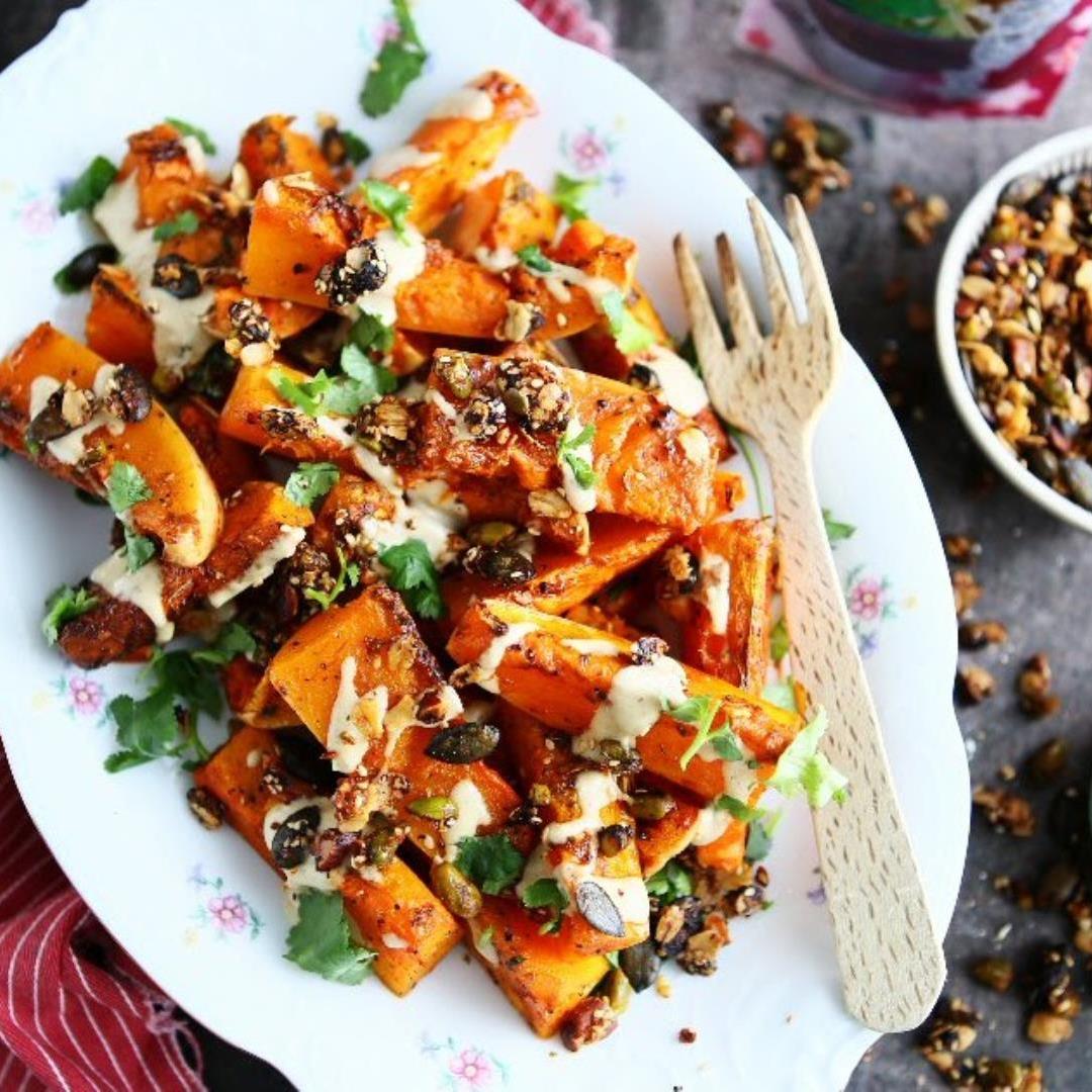 Spiced Butternut Squash with Lemon Tahini and Miso Granola