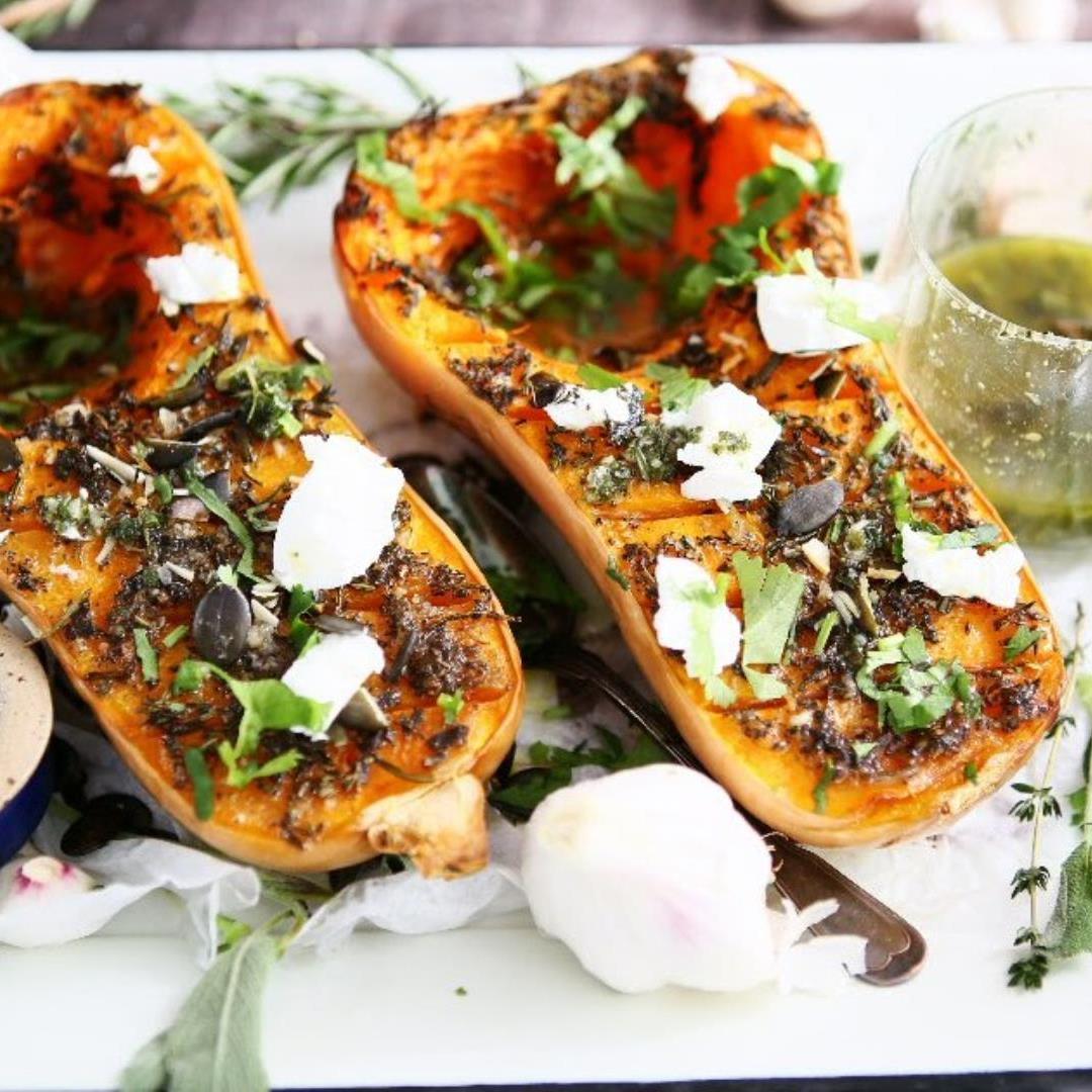 Roasted Butternut Squash with Herb Oil and Goat Cheese