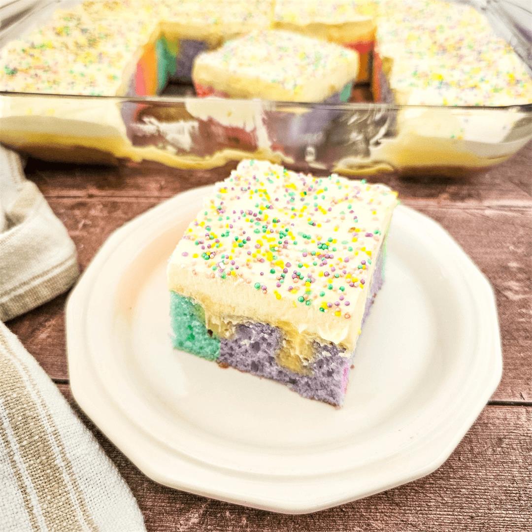 Rainbow Pudding Poke Cake